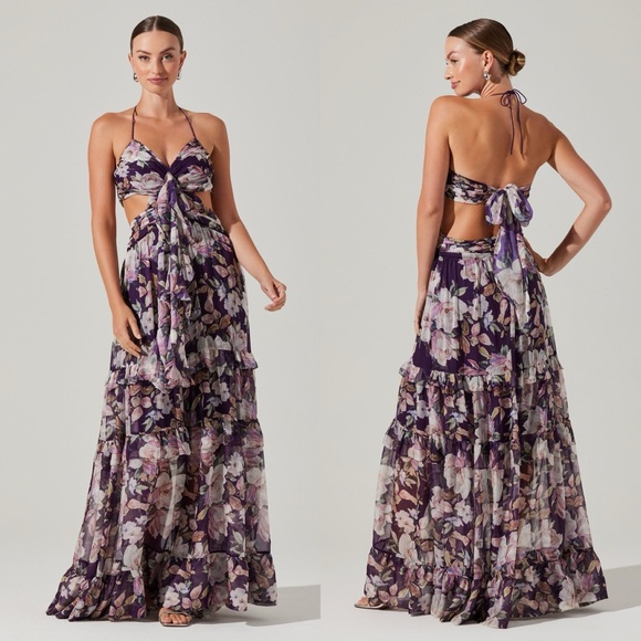 NWT ASTR Kitsune Purple Floral Cutout Halter Ruffle Maxi Dress Revolve - Picture 1 of 7